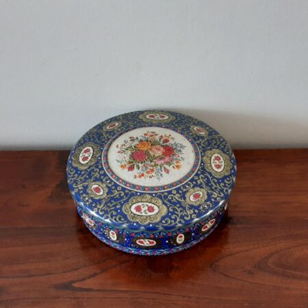 Vintage koektrommel, diepblauw met bloemmotief